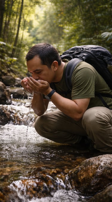 poto armando didalam hutan sedang minum air sungai yang jernih