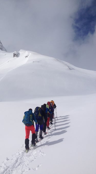 Grup fent una ruta en raquetes de neu a un cim del pirineu