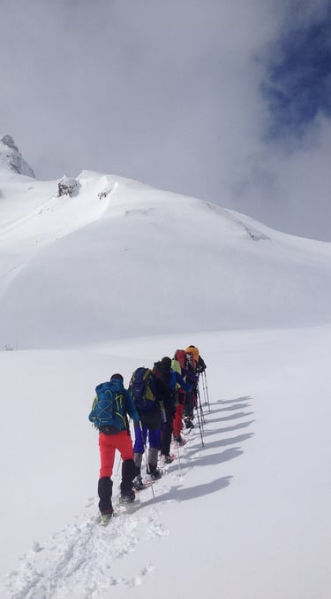 Grupo ascendiendo un pico con raquetas de nieve en el pirineo