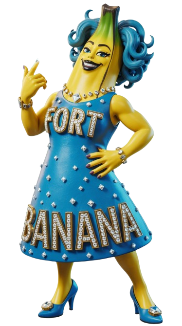 a woman in a blue dress with a banana banana
