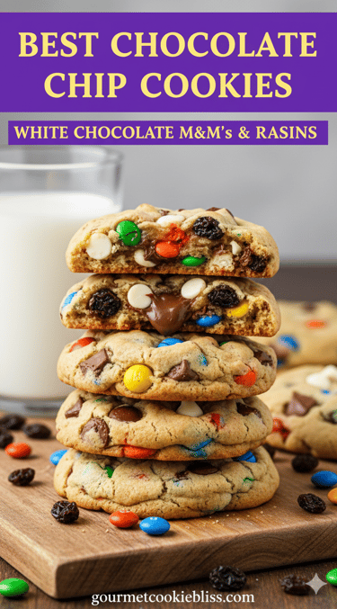 A vertical stack of five chocolate chip cookies, one cut in half to reveal melted chocolate
