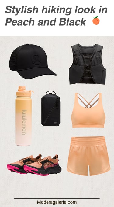 Stylish hiking outfit in peach and black