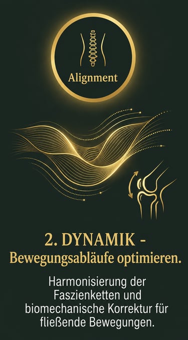 Infographic showing spinal alignment and knee biomechanics with gold wave lines on a dark background.