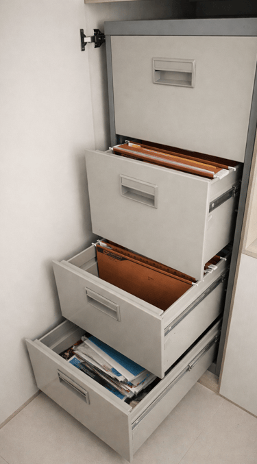 Filing cabinet containing years of personal and professional documents accumulated over 15 years