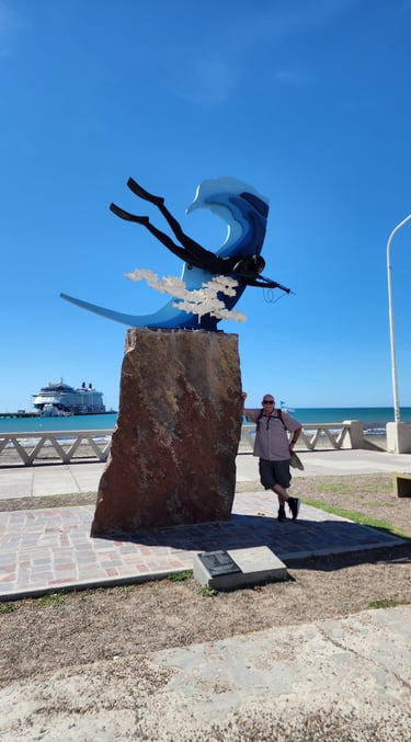 Beautiful monuments adorn the coastal walkway in Puerto Madryn, Argentina