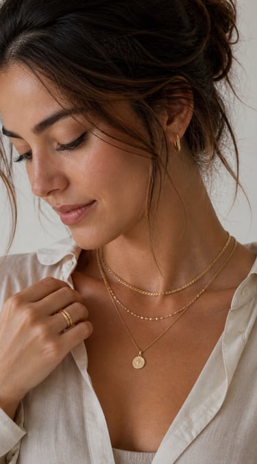 A woman wearing a layered gold necklace set, gold hoop earrings, and gold rings.