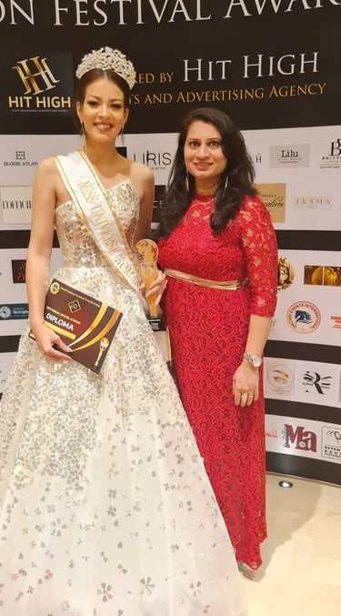 Priya Fashions designer Priya Fernandes with Miss Romania in Dubai
