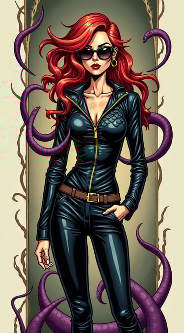 A vibrant red-haired woman in a sleek black leather jumpsuit and sunglasses, with purple tentacles framing her.