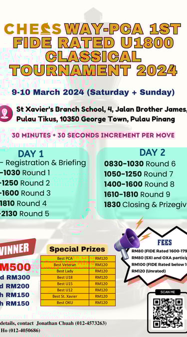 Chessway-PCA 1st FIDE Rated U1800 Classical Tournament 2024. Penang Chess. Malaysia Chess. 