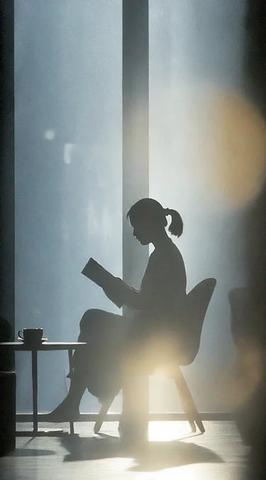 beautifully lit image of a woman reading bathed in early hours sunlight