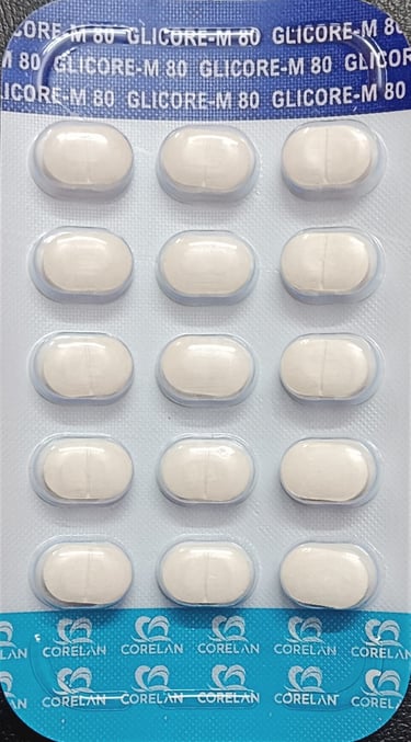 Blister pack of fifteen white oval Glicore-M 80 tablets used for diabetes treatment.