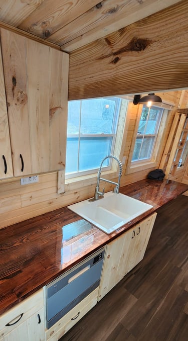 Craftsman Tiny Homes Nordic 24ft Spacious Kitchen Custom Butcher Block Countertop