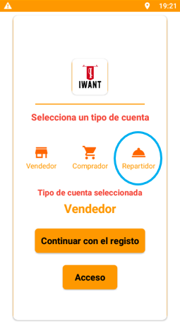 Representación gráfica de la aplicación de IWant para el registro de un repartidor