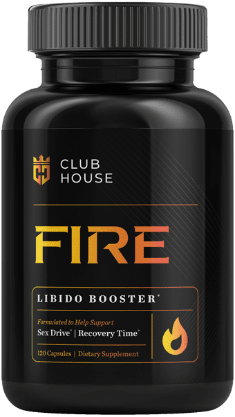 Club House Fire Libido Booster dietary supplement bottle with 120 capsules for sex drive support.