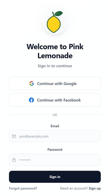 Pink Lemonade sign-up page