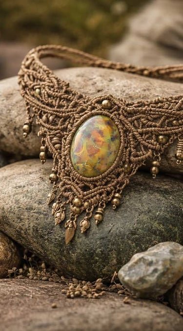 Handmade macrame necklace with an oval gemstone pendant resting on natural river stones.
