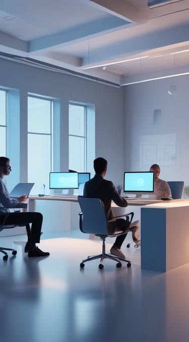 A sleek A minimalist office scene with a small team collaborating around a laptop, bathed in soft bl