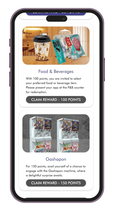 Digital reward redemption screen displaying voucher options for event winners