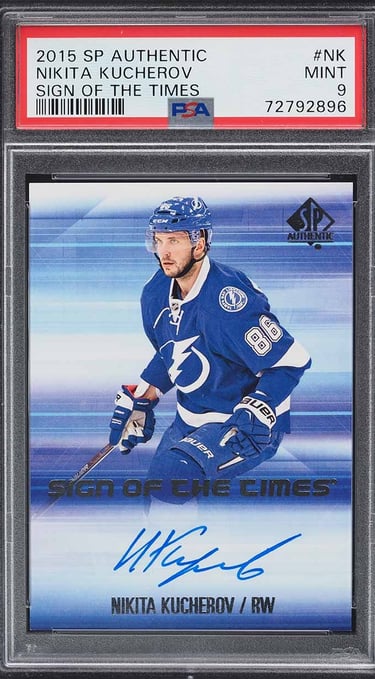 "PSA 10 Nikita Kucherov autograph card featuring clean signature and premium design."