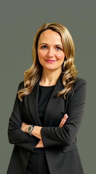 Eine blonde Frau im Businessanzug die, die Arme verschränkt