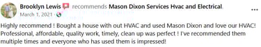 We love the service provided by Mason Dixon Services!  Testimonial 2 for Mason Dixon Services