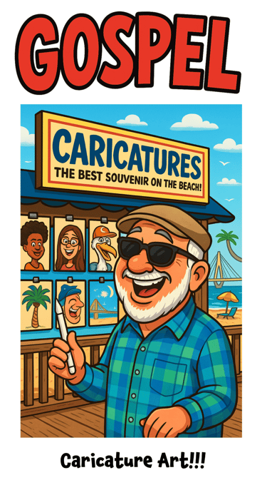 Old guy, cartoon caricature artist outside a caricature art booth at the beach.