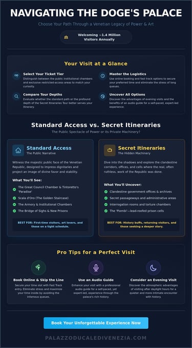 An infographic guide comparing Standard Access and Secret Itineraries tours for the Doge's Palace in Venice.