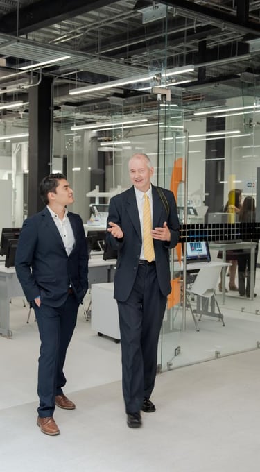 Jörg Grube mit Anzug, weißem Hemd und Krawatte mit einem anderen Geschäftsmann im Gespräch