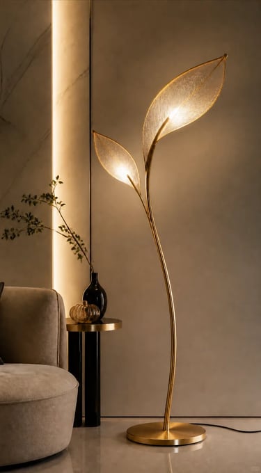 Modern outdoor floor lamp beside a lounge chair, creating a calm balcony lighting atmosphere.