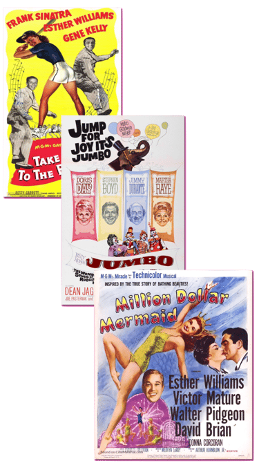 Movie poster collection for Take Me Out to the Ball Game, Jumbo, and Million Dollar Mermaid, with Me