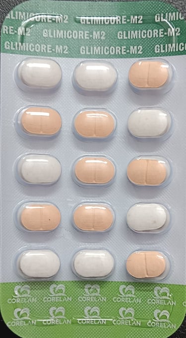 Blister pack of Glimicore-M2 tablets showing alternating white and peach-colored oval pills.