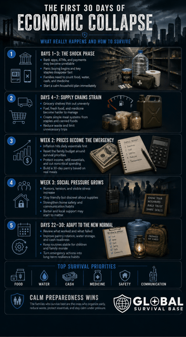 Infographic detailing the first 30 days of economic collapse survival tips and emergency preparedness priorities.