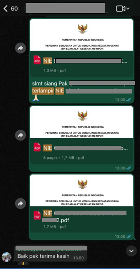Testimoni Chat WhatsApp Keberhasilan Penerbitan NIE Alkes Kemenkes RI