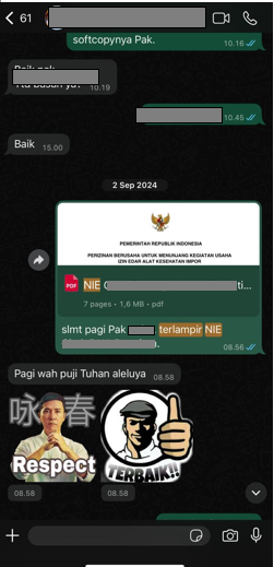 Bukti Pengurusan NIE Alat Kesehatan Melalui Pesan WhatsApp