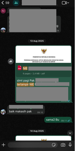 Konfirmasi Pengiriman Dokumen NIE Lewat WhatsApp Messenger