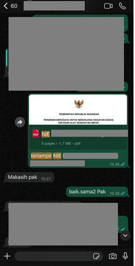 Testimoni Chat Klien Mengenai Jasa NIE PKRT Kemenkes RI