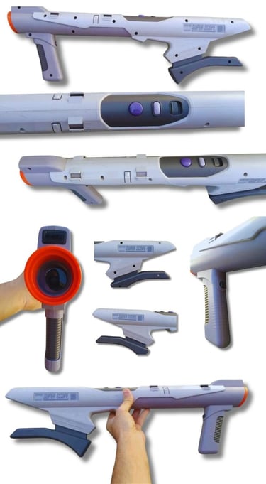 Bazuca Super Scope que funciona por sensores infravermelhos e vem acompanhada de um cartucho com sei