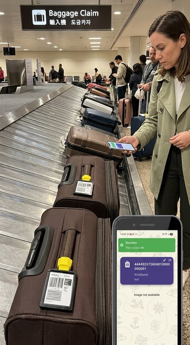 Scan eBt to identify the right bag on carousel.  A green pop up on mobile screen indicates the right bag.