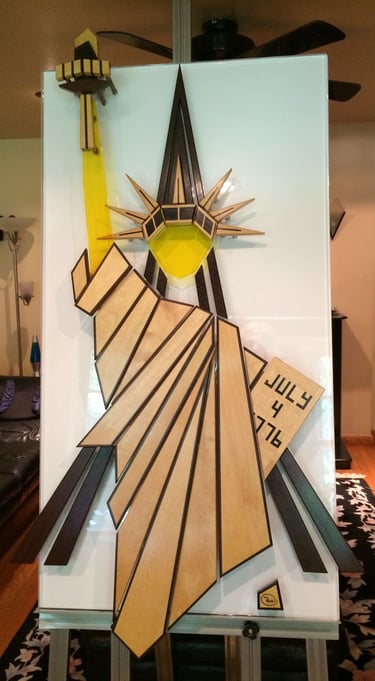 LADY LIBERTY easel pic-art on clear plexi-white back-richWOODart.com-28"x49"-31 lbs.