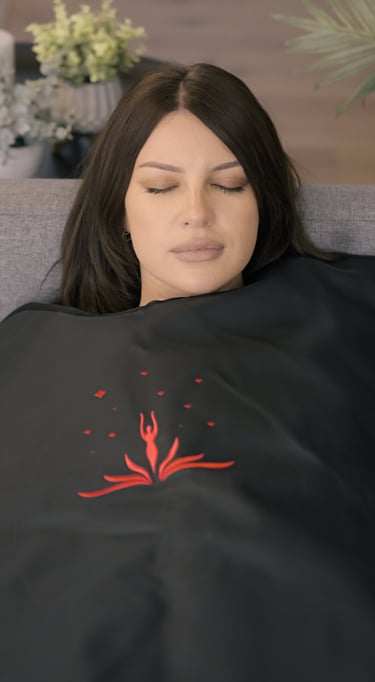 Lifestyle photo of woman using Healing Temp sauna blanket by BrandNests creative agency.