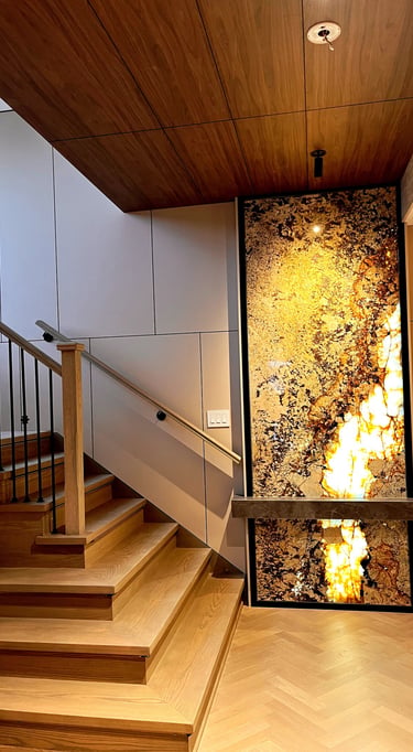 Modern wood staircase featuring a backlit onyx stone wall panel and elegant hardwood flooring.