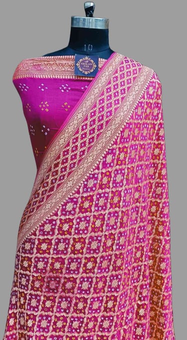Hot Pink Zari Woven Georgette Bandhani Saree