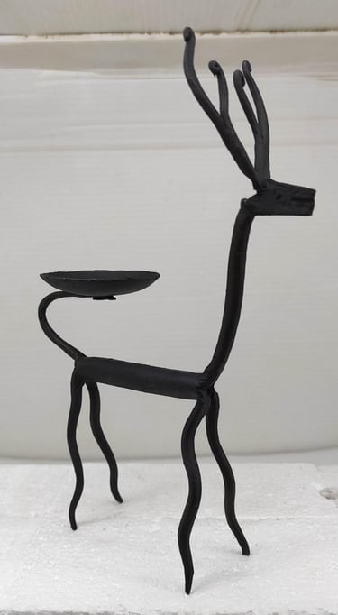 "Handcrafted tribal iron deer sculpture with oil lamp – Bastar traditional art-Fit for export"