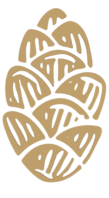 A gold stylized pinecone illustration with abstract geometric patterns on a solid black background.
