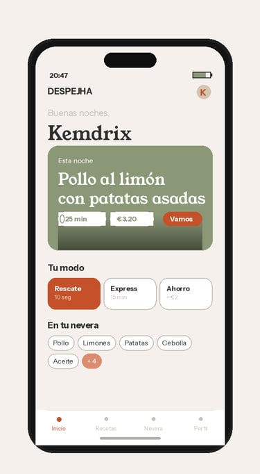 DESPEJHA app mockup - interfaz de planificación de comidas personalizada