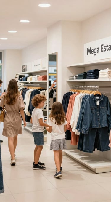 Interior moderno e organizado da loja Mega Estação, com araras de roupas bem dispostas e iluminação clara