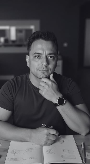 Alan Ochotorena, mentor e escritor, sentado à mesa com caderno e caneta, planejando conteúdos.