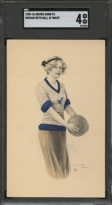 circa 1910 Archie Gunn Postcard featuring a woman holding a basketball
