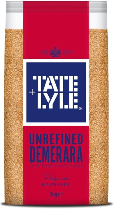 A 3kg bag of Tate and Lyle unrefined demerara cane sugar for baking and coffee.