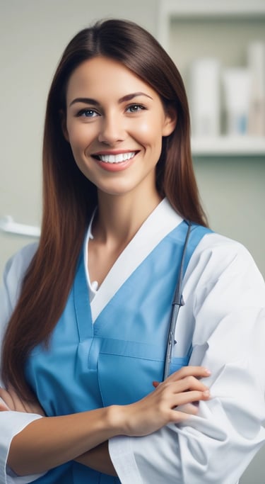 A dentist is performing a procedure on a patient reclining in a dental chair. The dentist is wearing a protective cap, mask, and gloves while using dental tools. The room features modern decor with geometric patterns on the wall, and there is a dental light overhead. Nearby, there is a table with dental instruments and a monitor on the wall.
